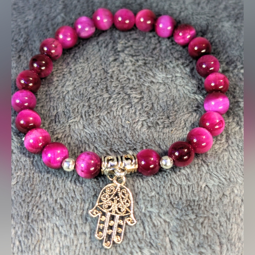 Pink Tigers Eye Hamsa Bracelet
